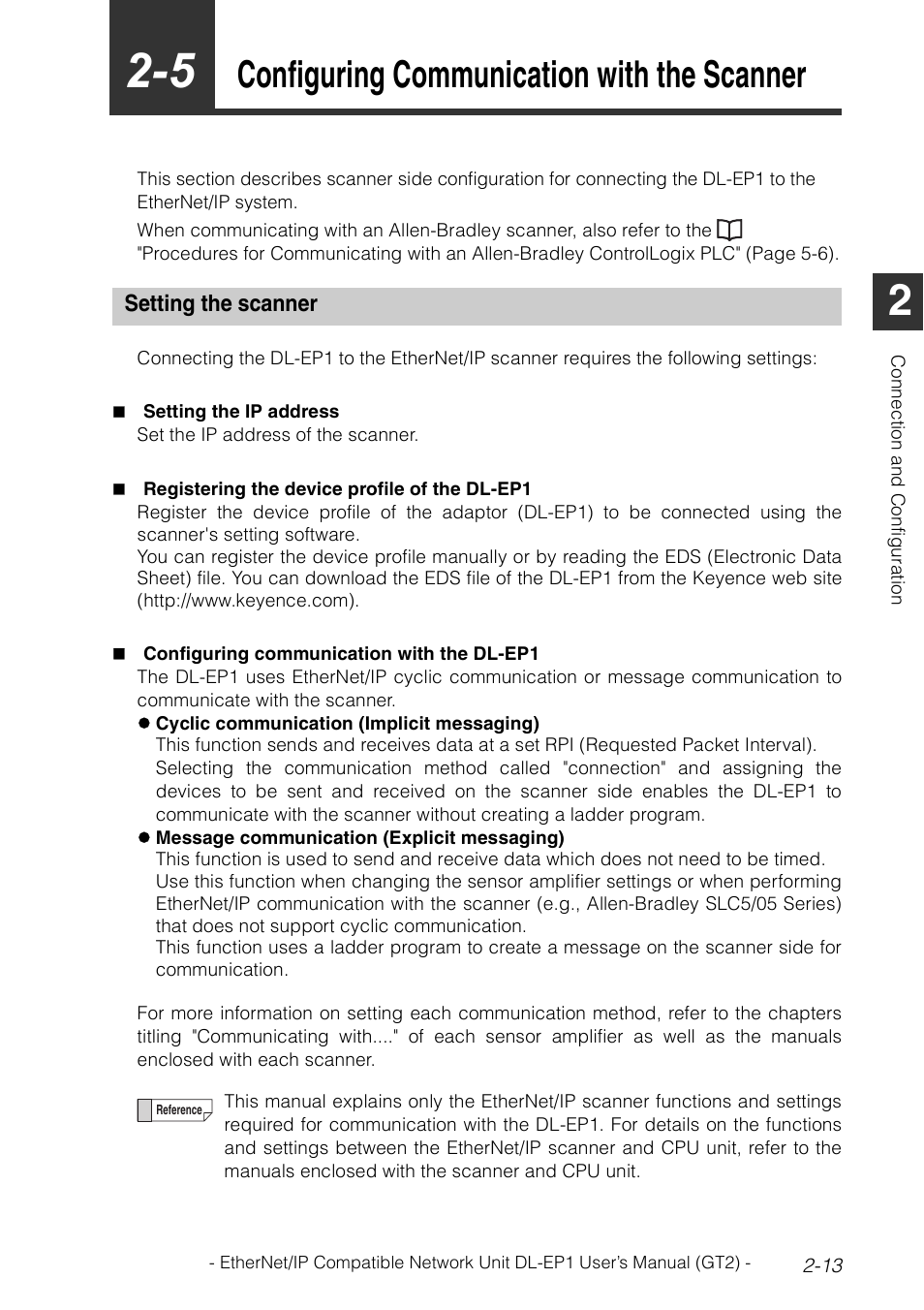 5 configuring communication with the scanner, Setting the scanner, Configuring communication with the scanner -13 | Setting the scanner -13, Configuring communication with the scanner . 2-13, Configuring communication with the scanner | KEYENCE DL-EP1 User Manual | Page 29 / 128