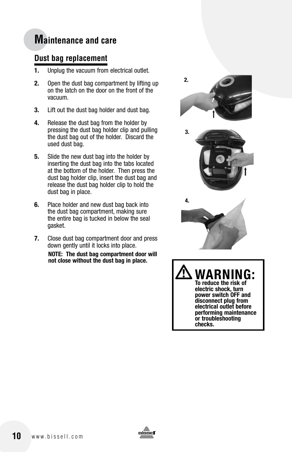 Warning, Aintenance and care, Dust bag replacement | Bissell 68G9S User Manual | Page 10 / 16