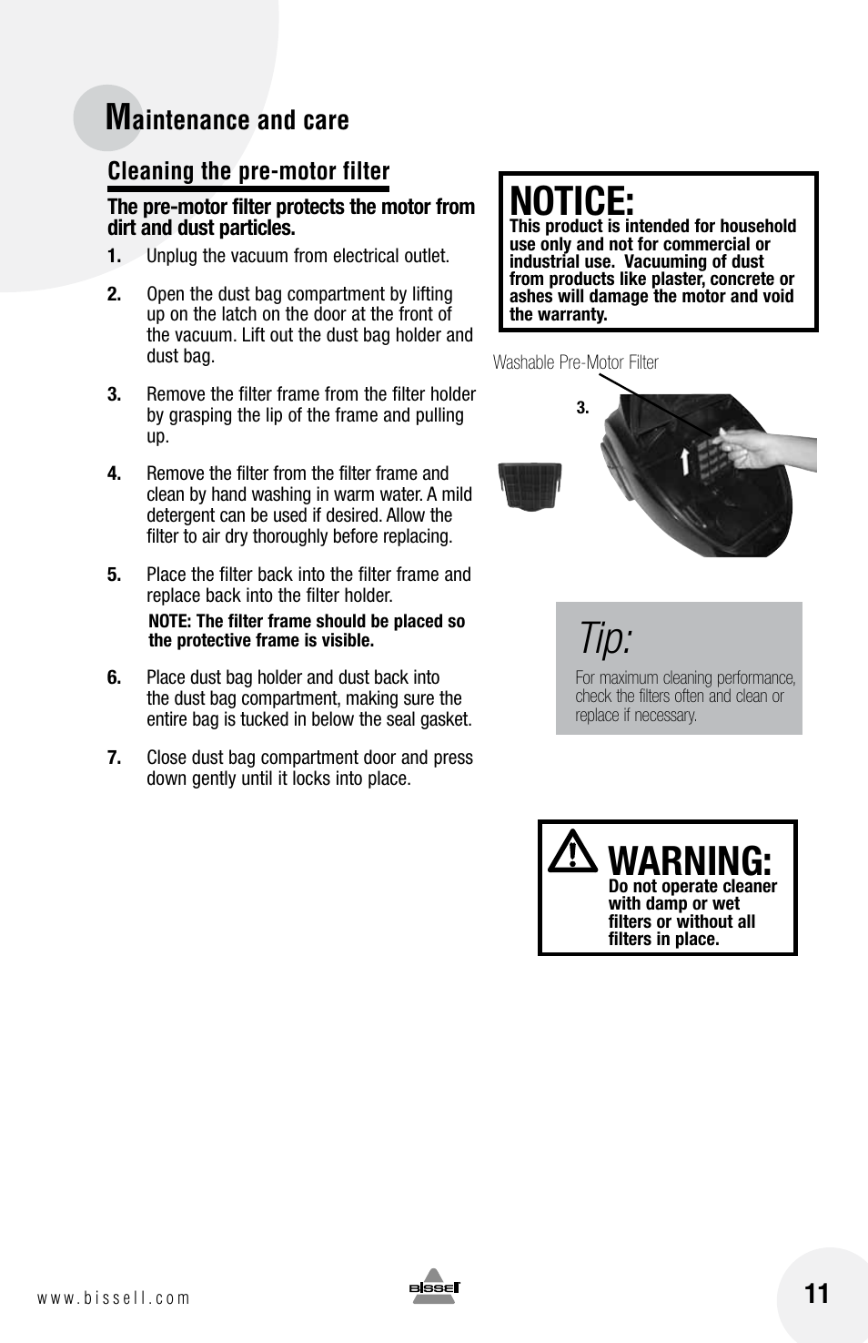 Notice, Warning, Aintenance and care | Bissell 68G9S User Manual | Page 11 / 16