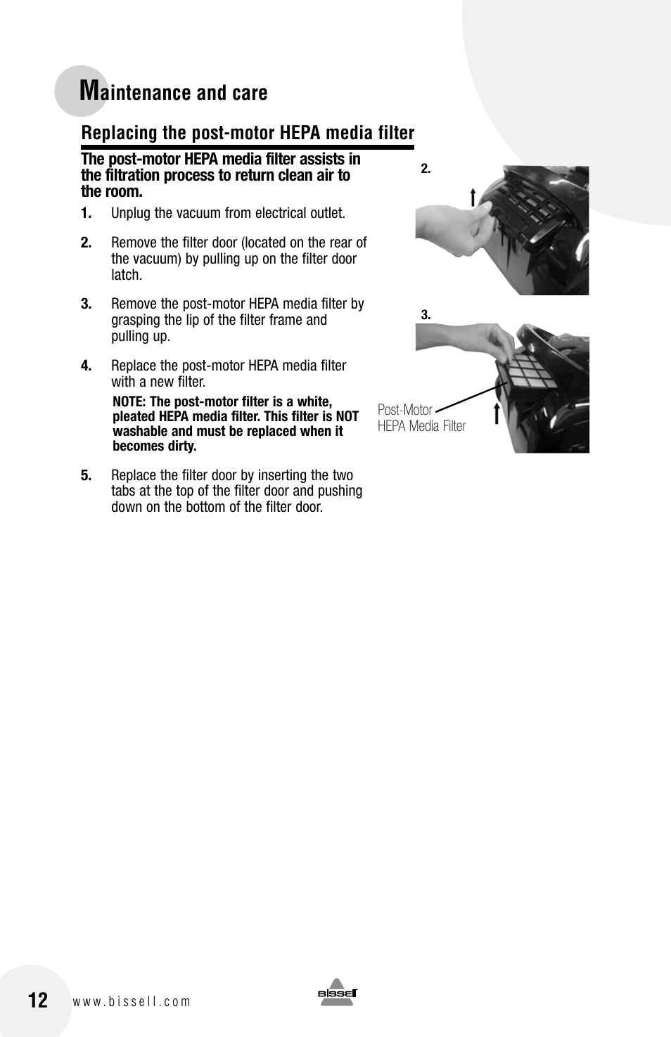 Aintenance and care, Replacing the post-motor hepa media filter | Bissell 68G9S User Manual | Page 12 / 16