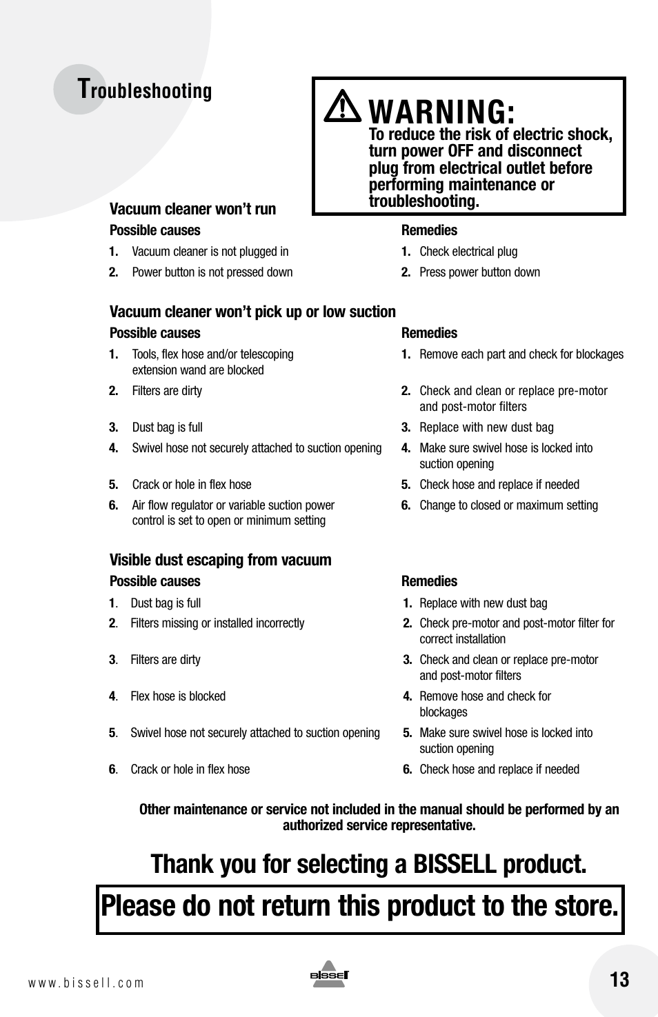 Warning, Please do not return this product to the store, Roubleshooting | Bissell 68G9S User Manual | Page 13 / 16