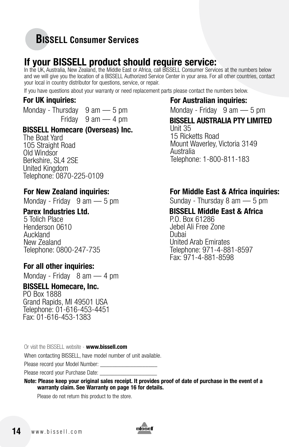 If your bissell product should require service | Bissell 68G9S User Manual | Page 14 / 16
