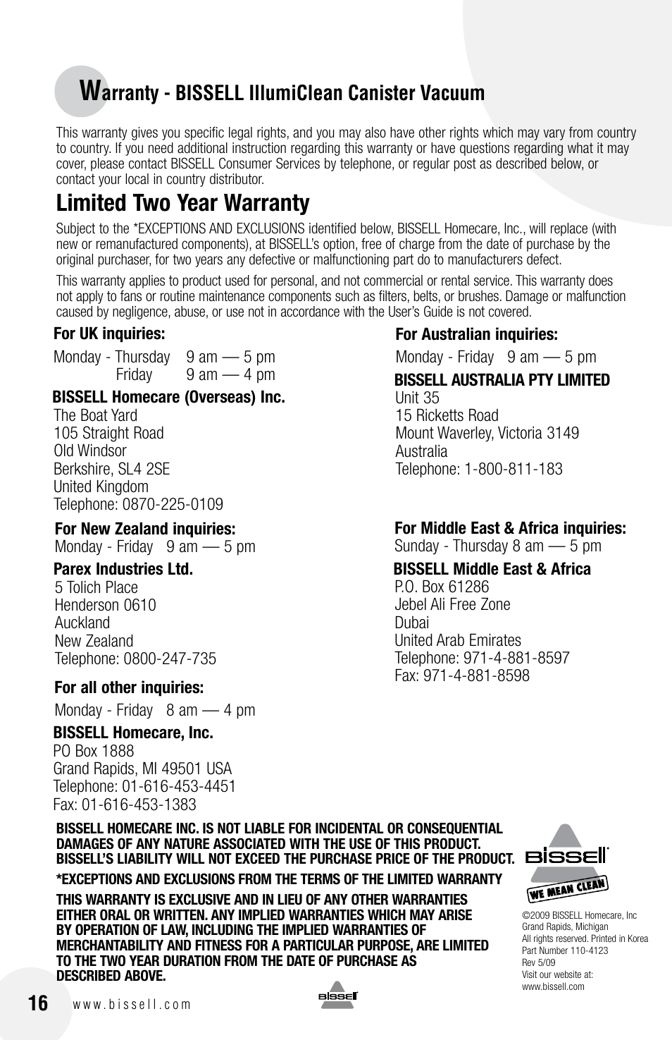 Limited two year warranty, Arranty - bissell illumiclean canister vacuum | Bissell 68G9S User Manual | Page 16 / 16