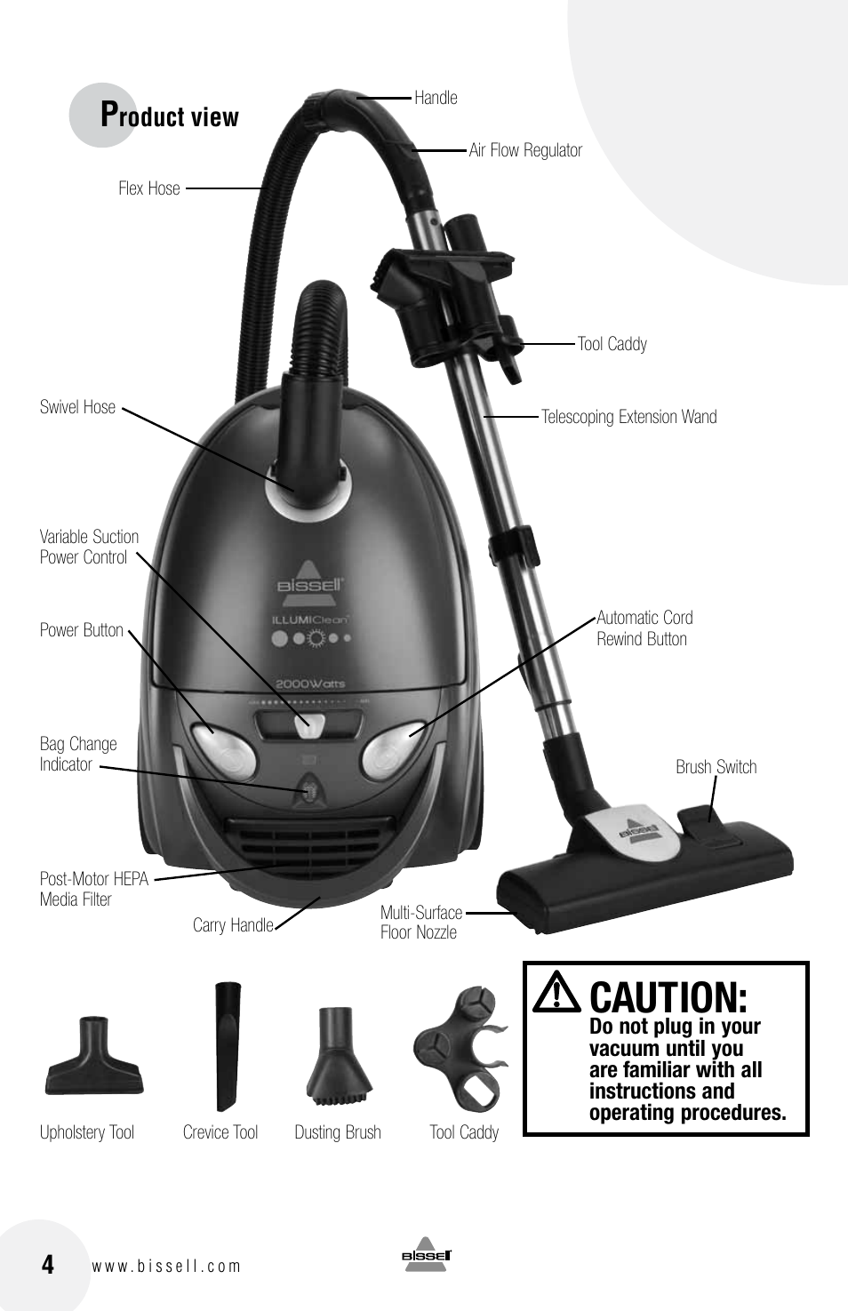 Caution, Roduct view | Bissell 68G9S User Manual | Page 4 / 16