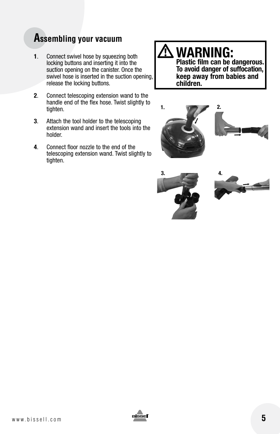 Warning, Ssembling your vacuum | Bissell 68G9S User Manual | Page 5 / 16