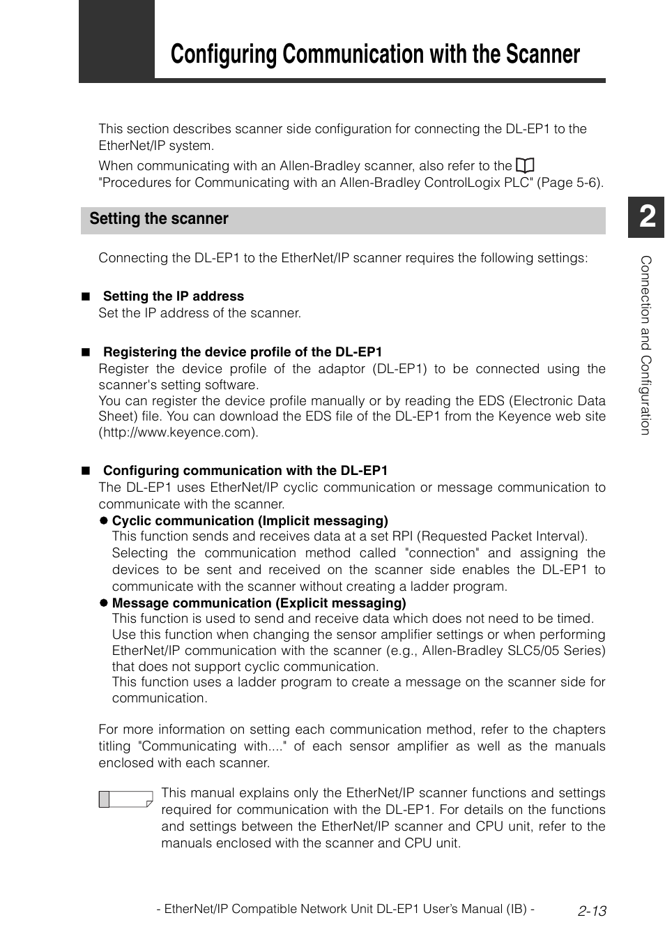 5 configuring communication with the scanner, Setting the scanner, Setting the scanner -13 | Configuring communication with the scanner . 2-13, Configuring communication with the scanner | KEYENCE DL-EP1 User Manual | Page 29 / 134