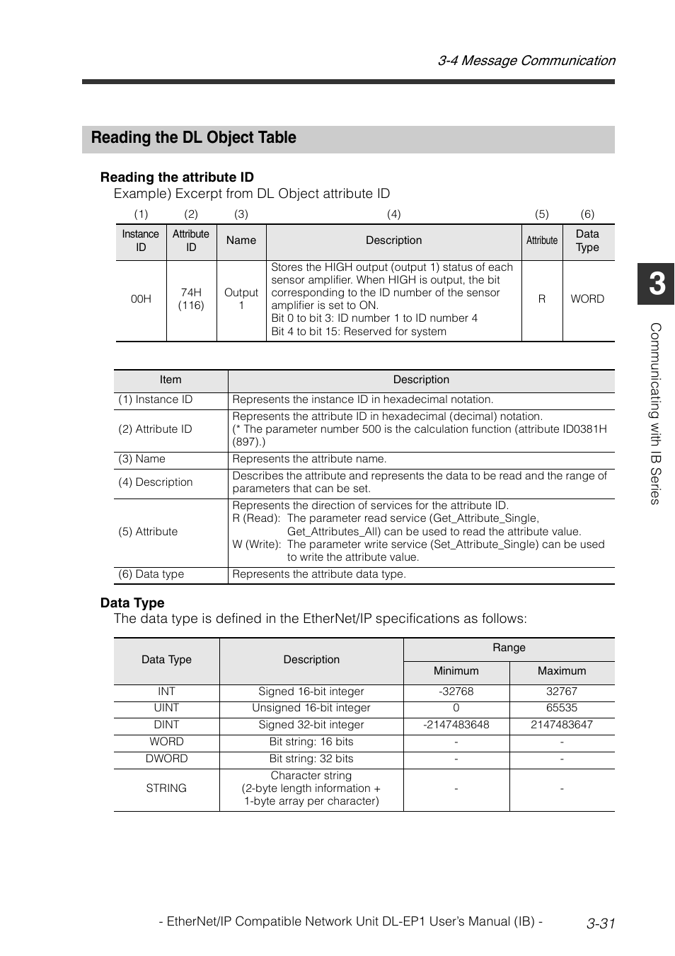 Reading the dl object table, Reading the dl object table -31, 4 message communication 3-31 | KEYENCE DL-EP1 User Manual | Page 61 / 134