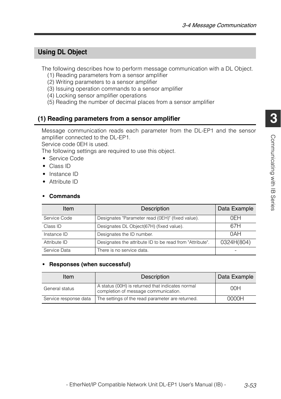 Using dl object, Using dl object -53, 1) reading parameters from a sensor amplifier | KEYENCE DL-EP1 User Manual | Page 83 / 134