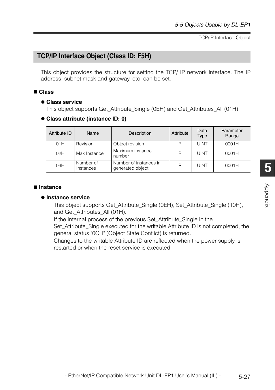 Tcp/ip interface object (class id: f5h), Tcp/ip interface object (class id: f5h) -27 | KEYENCE DL-EP1 User Manual | Page 119 / 132