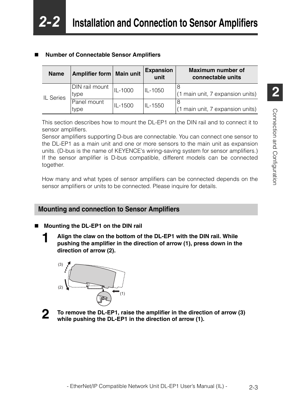 2 installation and connection to sensor amplifiers, Mounting and connection to sensor amplifiers, Mounting and connection to sensor amplifiers -3 | Installation and connection to sensor amplifiers | KEYENCE DL-EP1 User Manual | Page 19 / 132