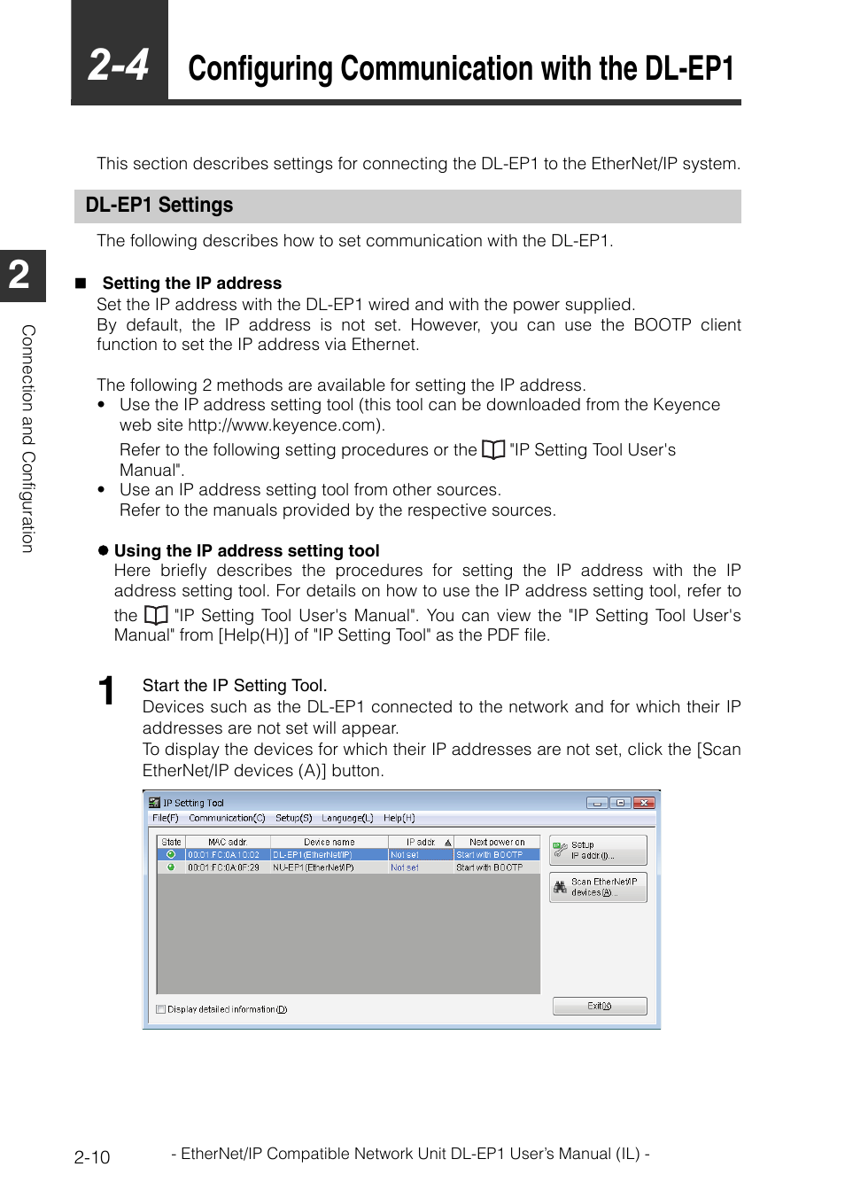 4 configuring communication with the dl-ep1, Dl-ep1 settings, Configuring communication with the dl-ep1 -10 | Dl-ep1 settings -10, Configuring communication with the dl-ep1 | KEYENCE DL-EP1 User Manual | Page 26 / 132