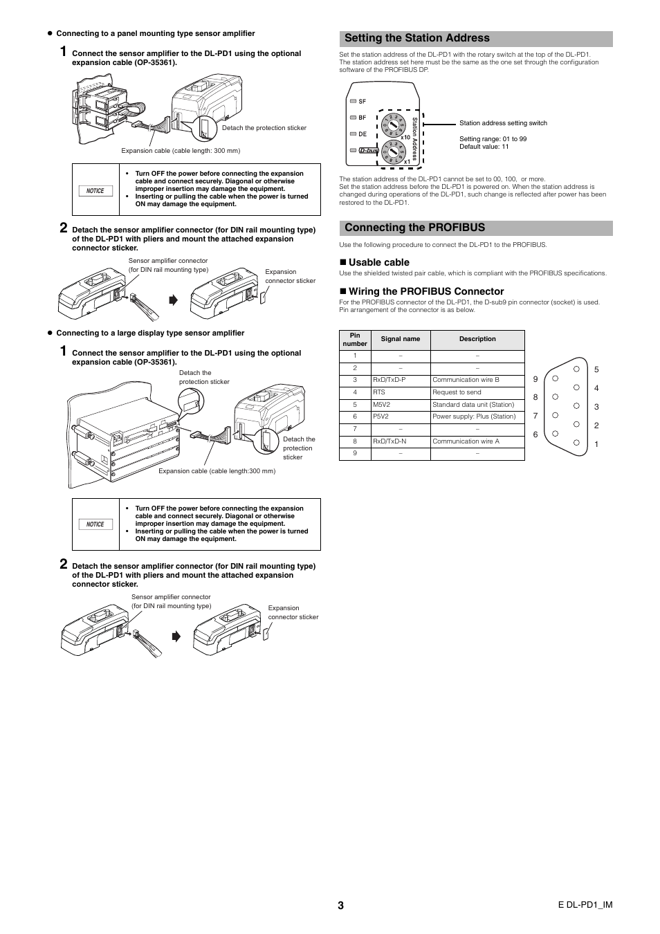 Setting the station address, Connecting the profibus, Usable cable | Wiring the profibus connector | KEYENCE DL-PD1 User Manual | Page 3 / 4