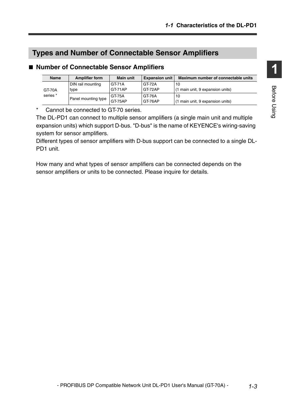 Types and number of connectable sensor amplifiers, Characteristics of the dl-pd1 -2, Number of connectable sensor amplifiers | KEYENCE DL-PD1 User Manual | Page 11 / 68