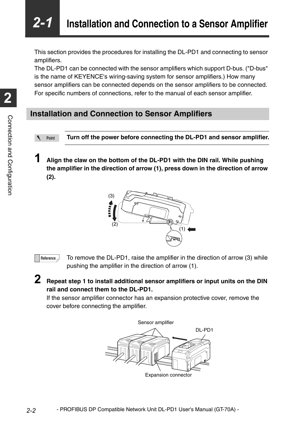 Installation and connection to sensor amplifiers, Chapter 2 connection and configuration, Installation and connection to a sensor amplifier | KEYENCE DL-PD1 User Manual | Page 16 / 68