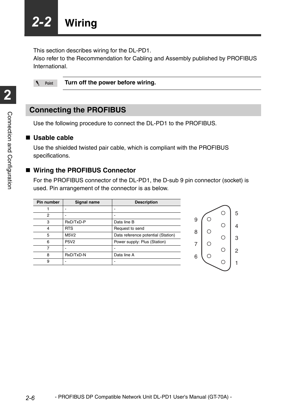 2 wiring, Connecting the profibus, Wiring -6 | Wiring, Usable cable, Wiring the profibus connector | KEYENCE DL-PD1 User Manual | Page 20 / 68