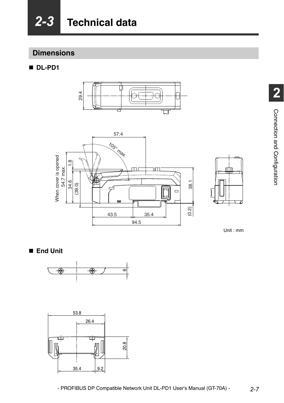 3 technical data, Dimensions, Setting the station address -5 | Wiring -6, Technical data -7, Technical data | KEYENCE DL-PD1 User Manual | Page 21 / 68