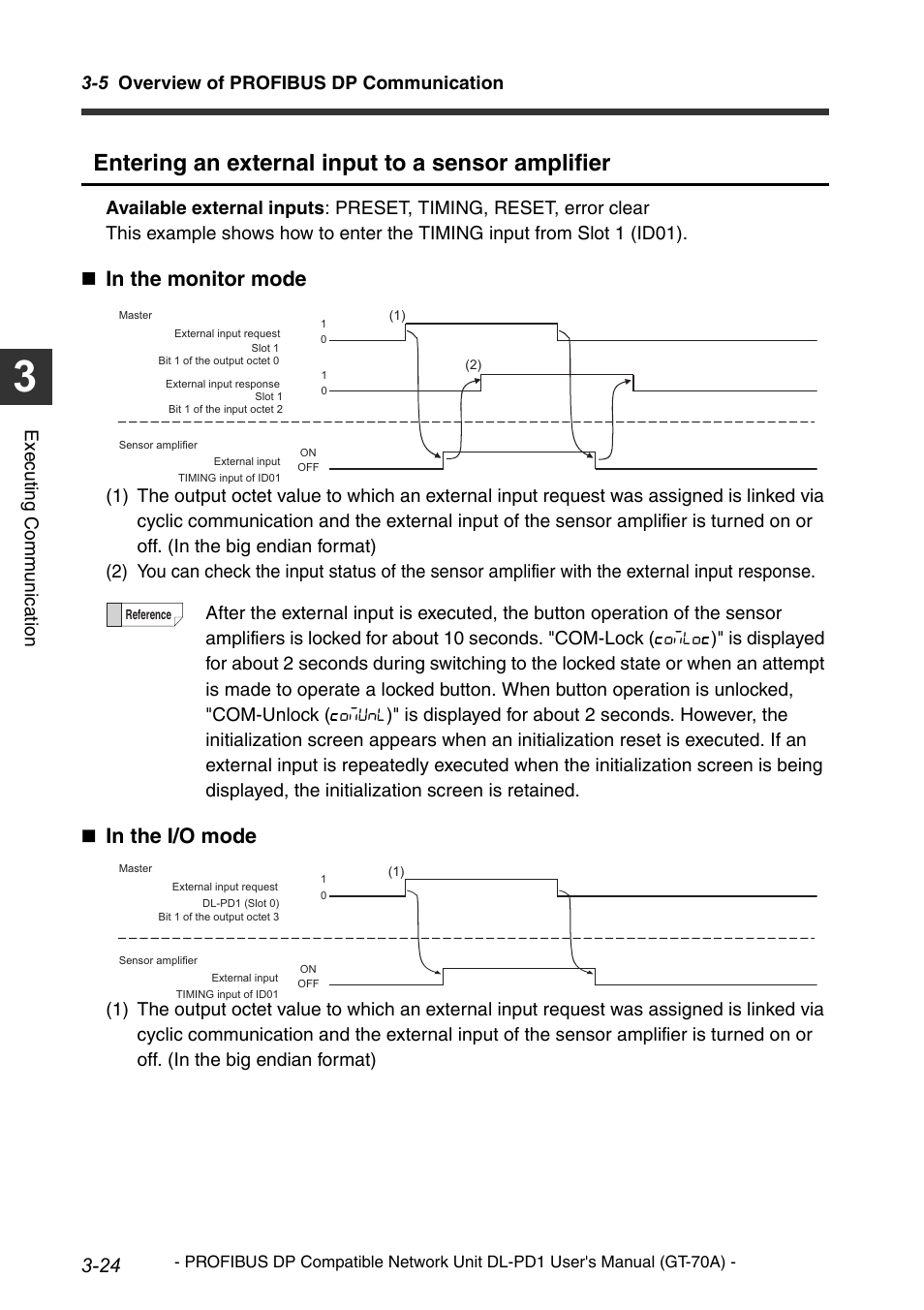 Entering an external input to a sensor amplifier, 5 overview of profibus dp communication, Execu ting communi cat ion | KEYENCE DL-PD1 User Manual | Page 46 / 68