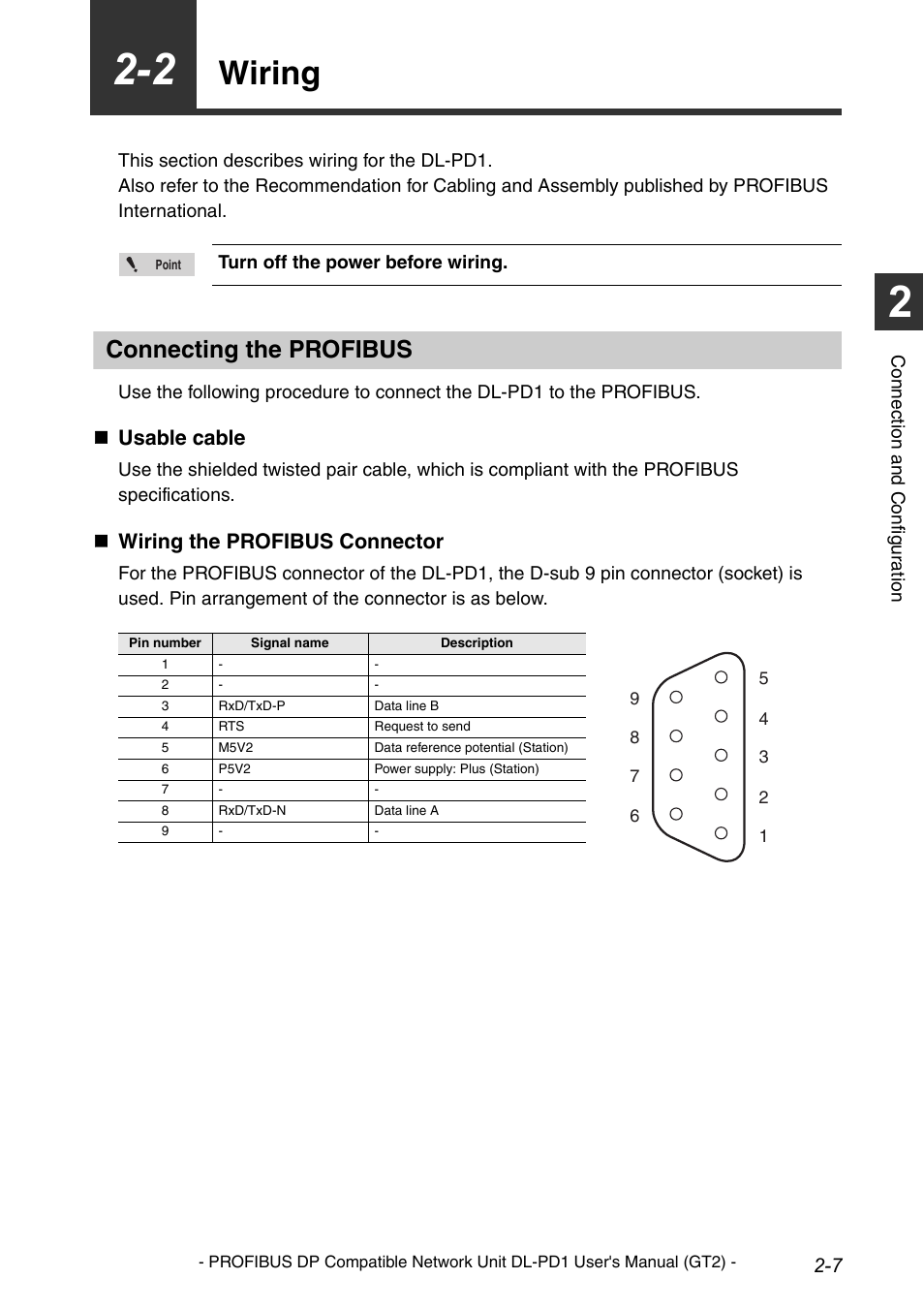 2 wiring, Connecting the profibus, Wiring -7 | Connecting the profibus -7, Wiring, Usable cable, Wiring the profibus connector | KEYENCE DL-PD1 User Manual | Page 21 / 72
