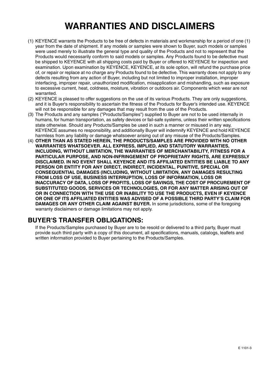 Warranties and disclaimers, Buyer's transfer obligations | KEYENCE DL-PD1 User Manual | Page 71 / 72