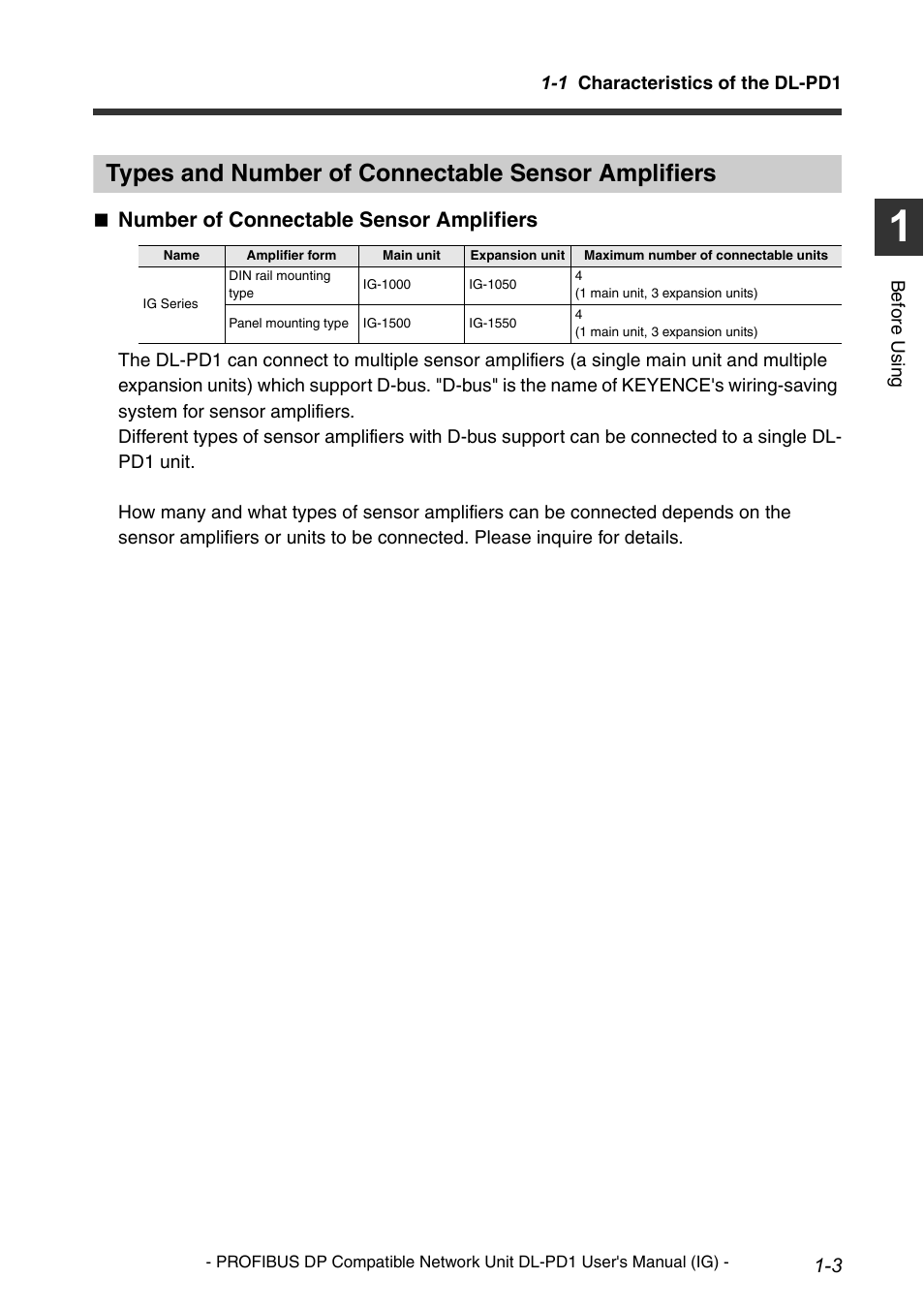 Types and number of connectable sensor amplifiers, Characteristics of the dl-pd1 -2, Number of connectable sensor amplifiers | KEYENCE DL-PD1 User Manual | Page 11 / 74