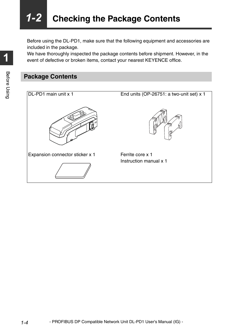 2 checking the package contents, Package contents, Checking the package contents -4 | Checking the package contents | KEYENCE DL-PD1 User Manual | Page 12 / 74