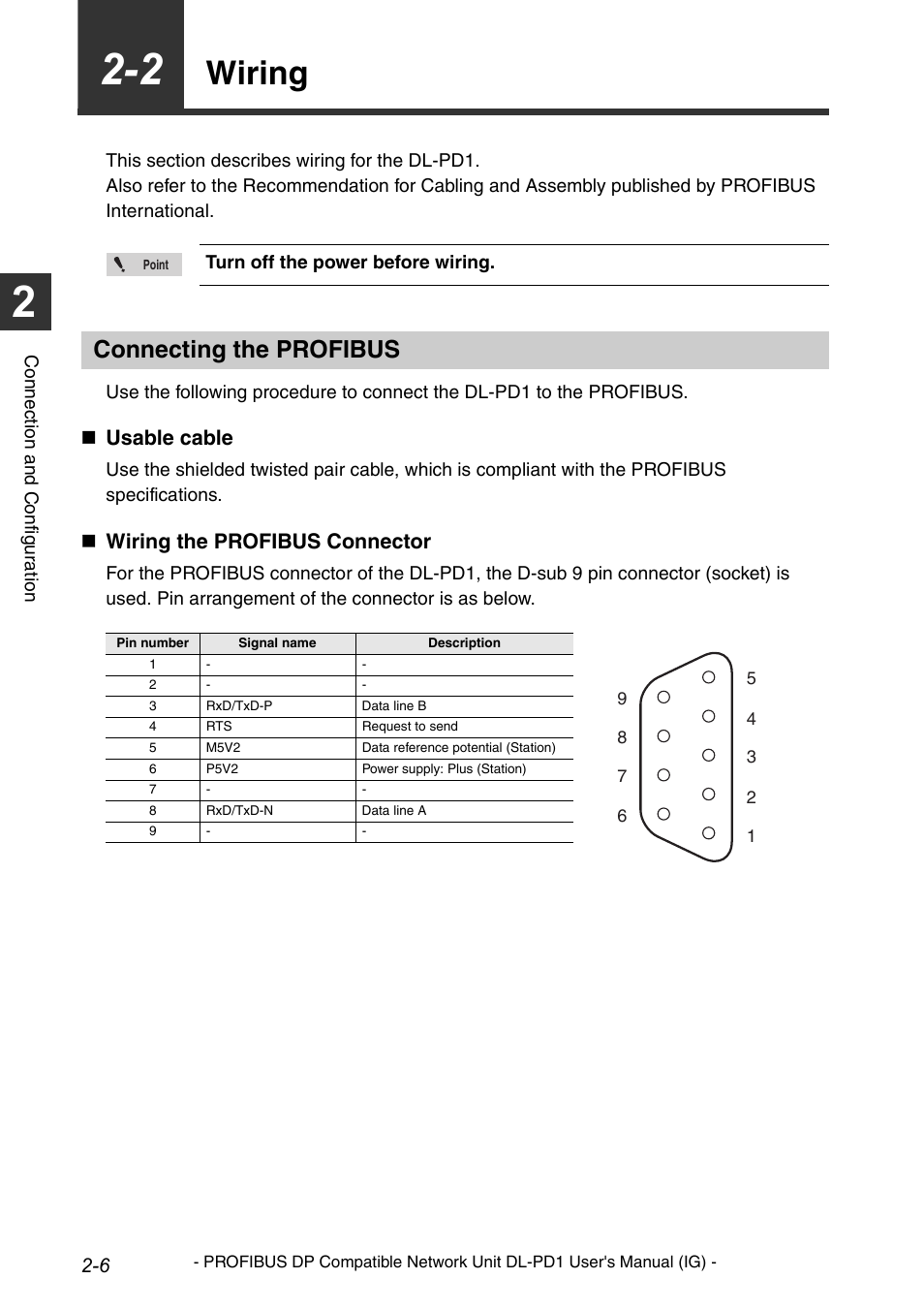 2 wiring, Connecting the profibus, Wiring -6 | Wiring, Usable cable, Wiring the profibus connector | KEYENCE DL-PD1 User Manual | Page 20 / 74