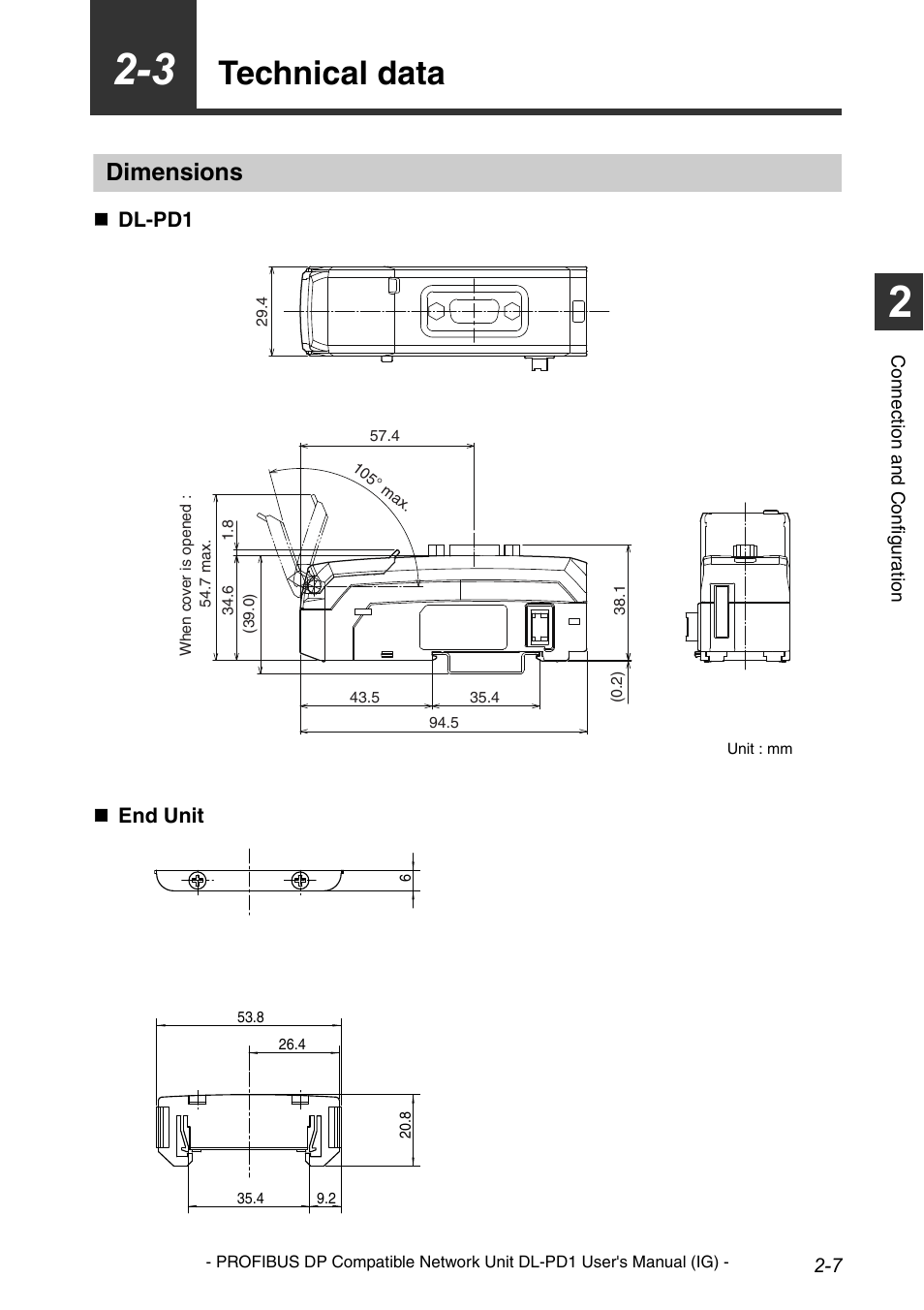 3 technical data, Dimensions, Setting the station address -5 | Wiring -6, Technical data -7, Technical data | KEYENCE DL-PD1 User Manual | Page 21 / 74