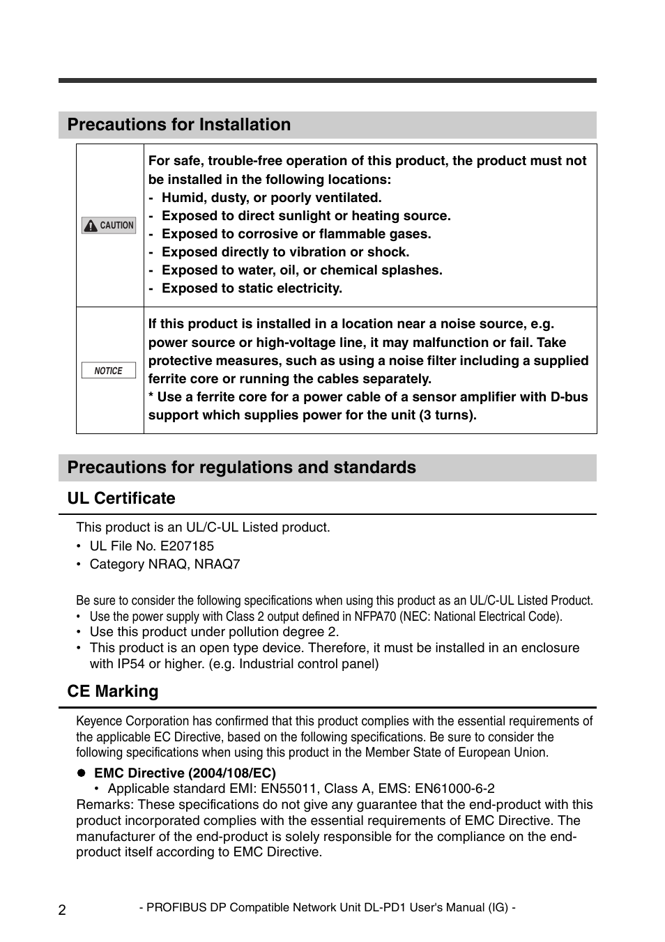 Precautions for installation, Precautions for regulations and standards, Ul certificate | Ce marking | KEYENCE DL-PD1 User Manual | Page 4 / 74