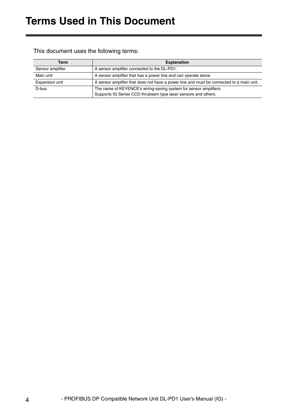 Terms used in this document | KEYENCE DL-PD1 User Manual | Page 6 / 74