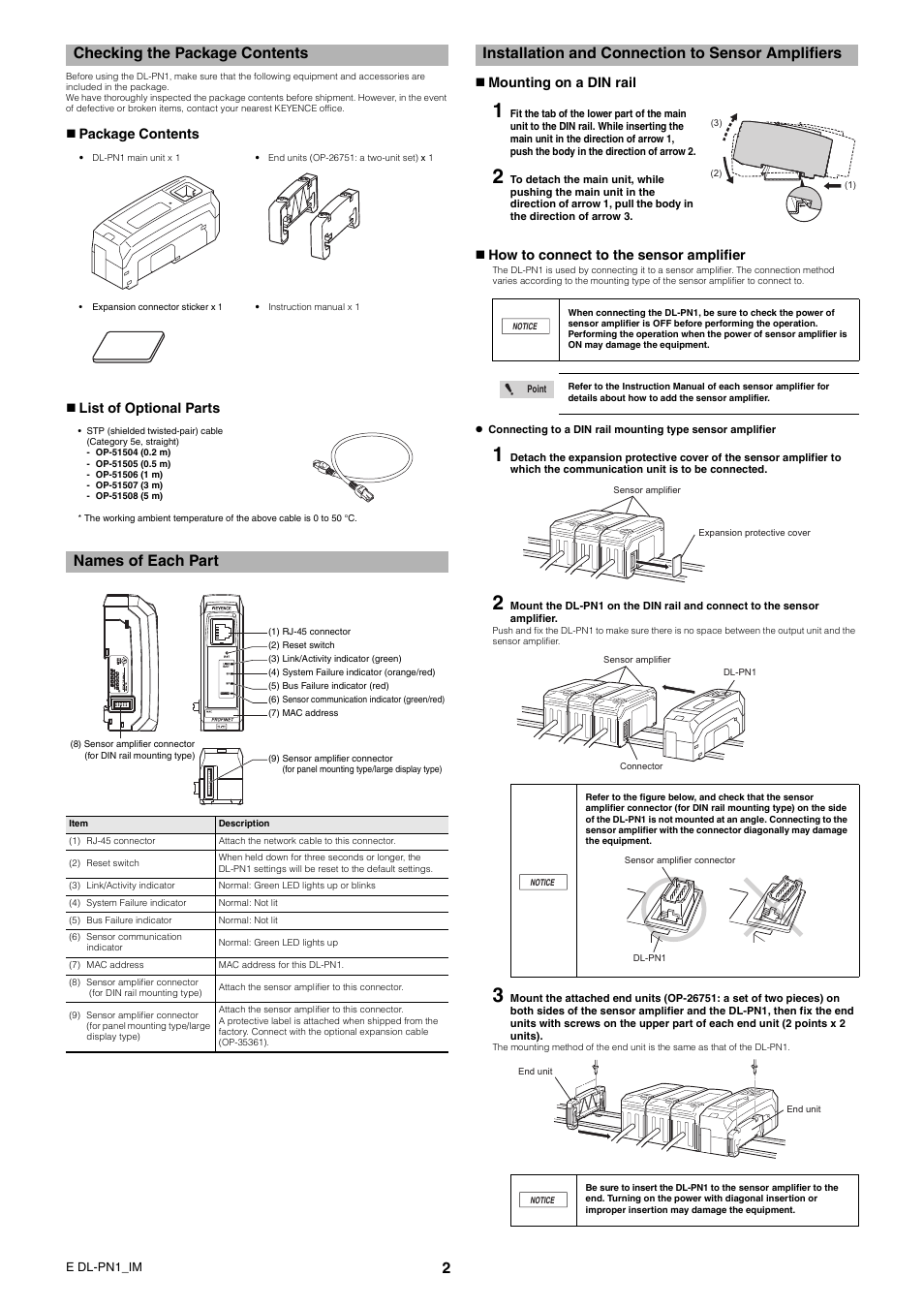 Checking the package contents, Package contents, List of optional parts | Names of each part, Installation and connection to sensor amplifiers, Mounting on a din rail, How to connect to the sensor amplifier, Package contents  list of optional parts | KEYENCE DL-PN1 User Manual | Page 2 / 4