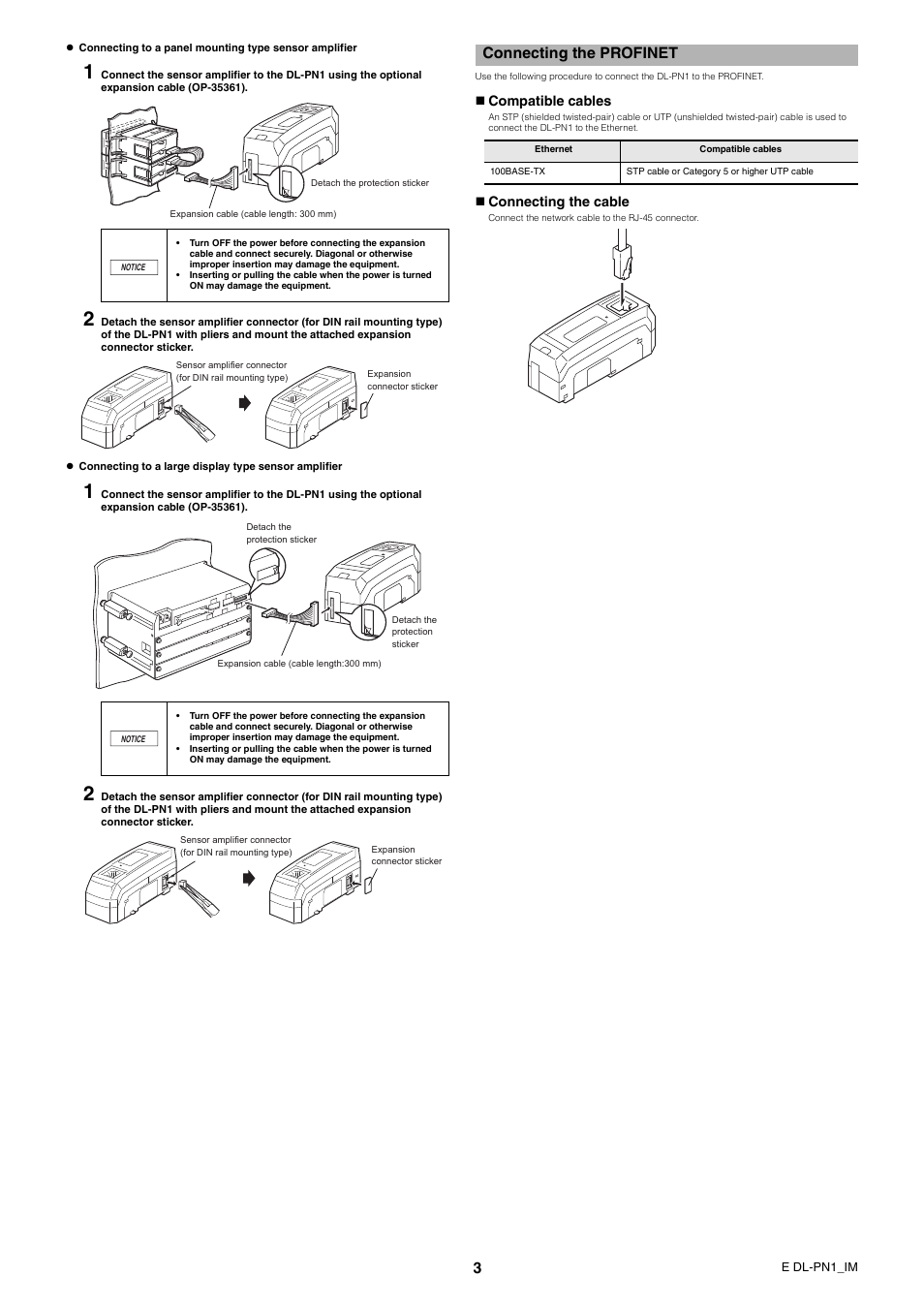 Connecting the profinet, Compatible cables, Connecting the cable | KEYENCE DL-PN1 User Manual | Page 3 / 4