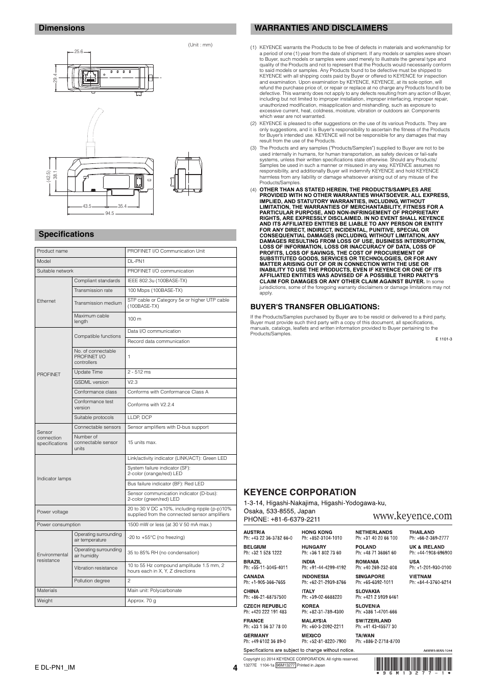 Dimensions, Specifications, Warranties and disclaimers | Dimensions specifications, Buyer's transfer obligations | KEYENCE DL-PN1 User Manual | Page 4 / 4