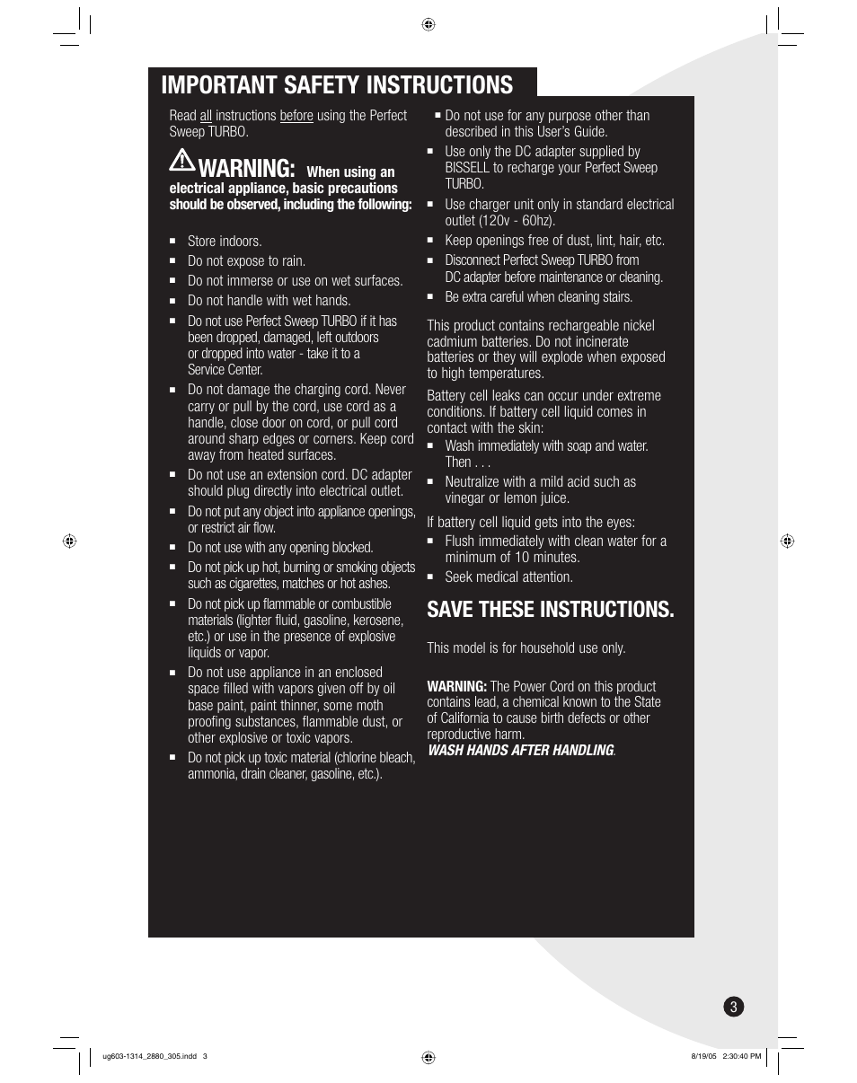 Important safety instructions, Warning, Save these instructions | Bissell 2880 User Manual | Page 3 / 8