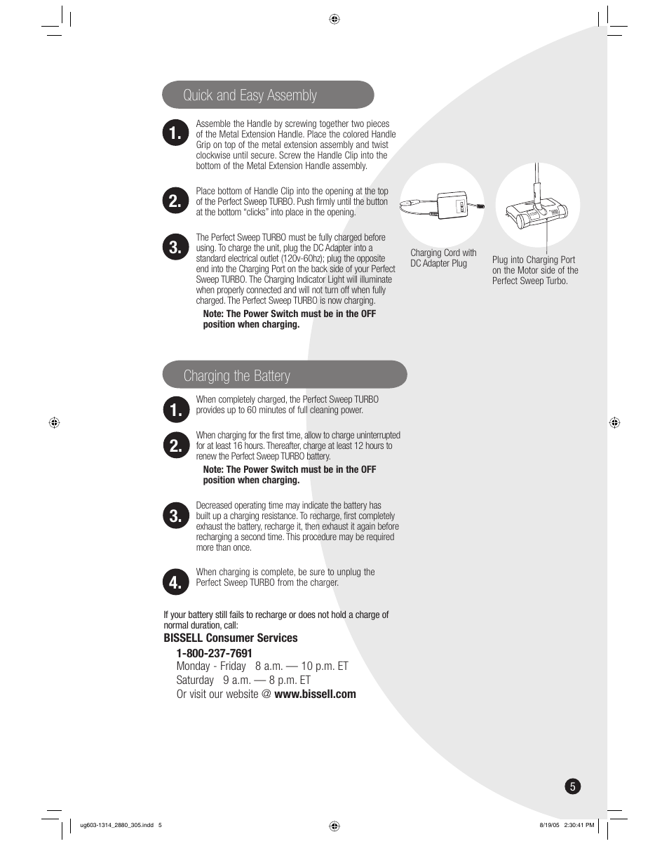 Quick and easy assembly, Charging the battery | Bissell 2880 User Manual | Page 5 / 8