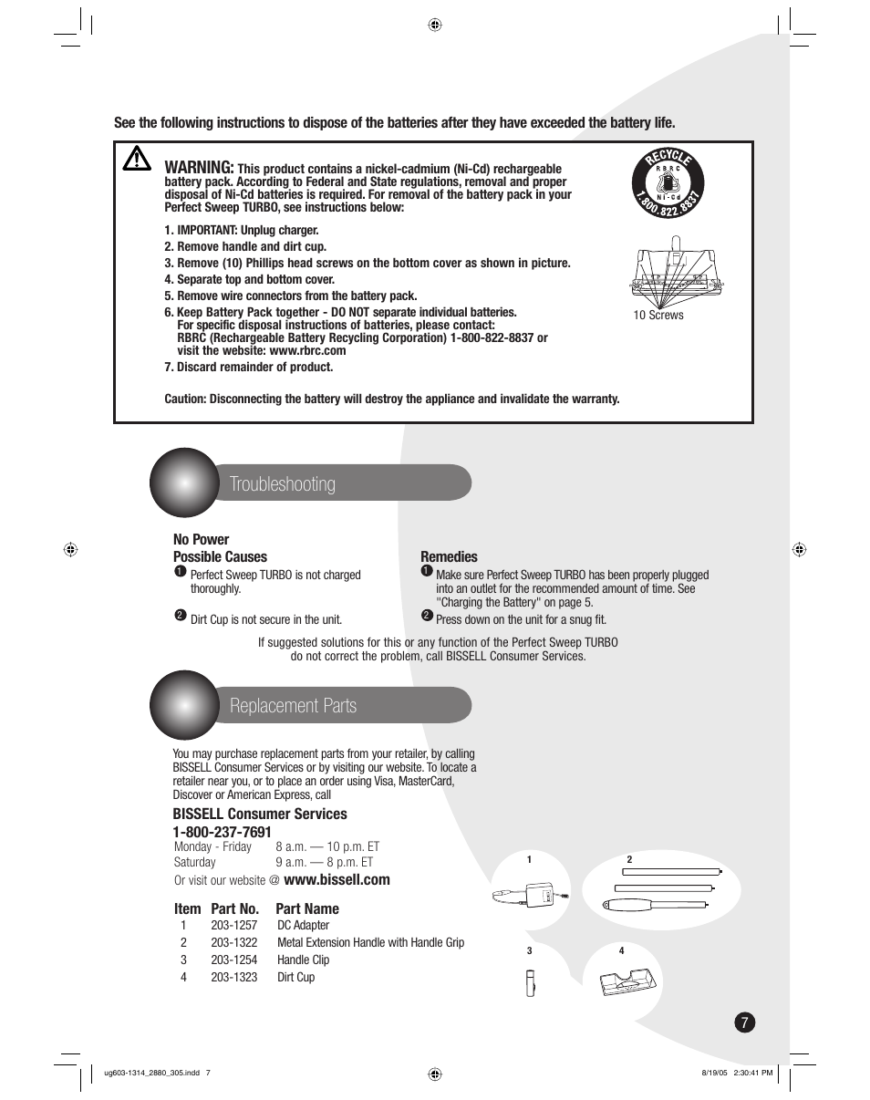 Troubleshooting, Replacement parts, Warning | Bissell 2880 User Manual | Page 7 / 8