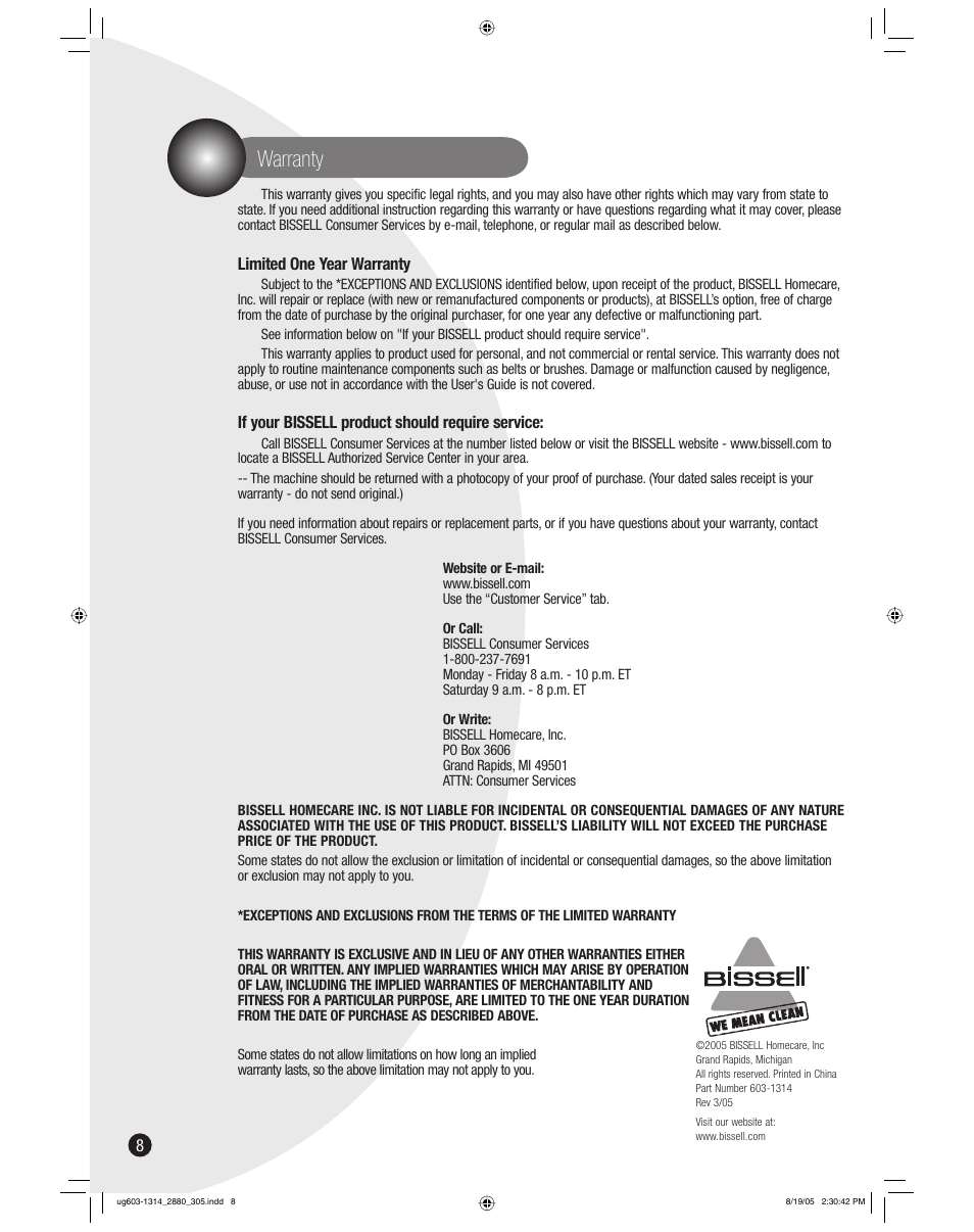 Warranty | Bissell 2880 User Manual | Page 8 / 8
