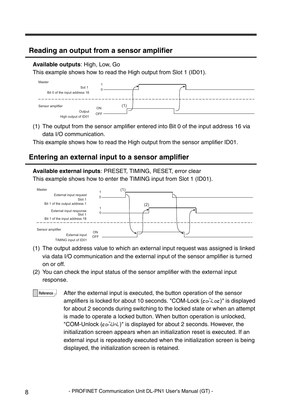 Reading an output from a sensor amplifier, Entering an external input to a sensor amplifier | KEYENCE DL-PN1 User Manual | Page 10 / 32