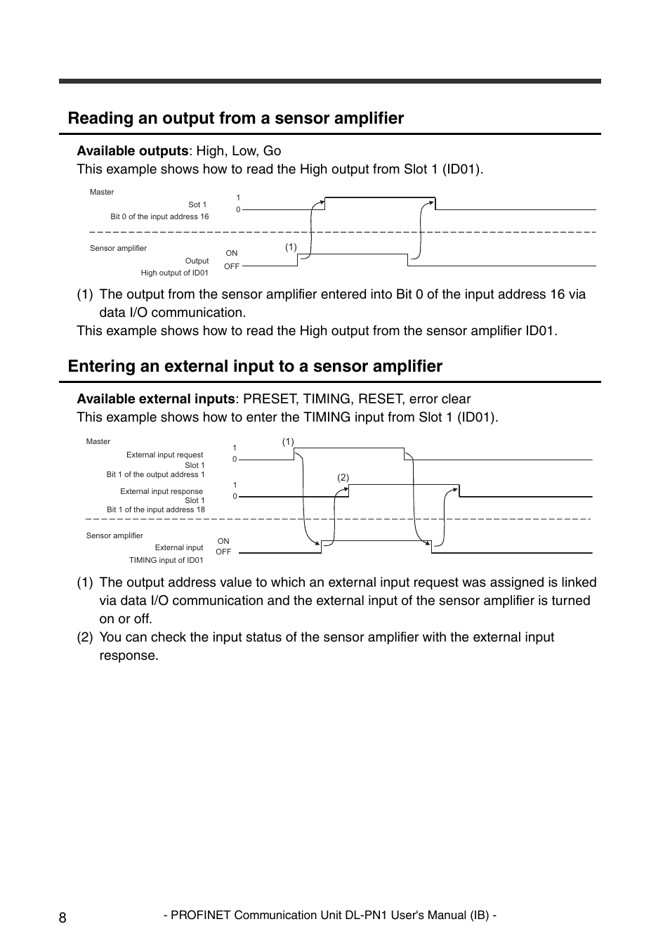 Reading an output from a sensor amplifier, Entering an external input to a sensor amplifier | KEYENCE DL-PN1 User Manual | Page 10 / 36