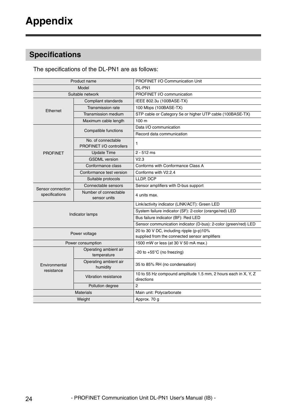 Appendix, Specifications, The specifications of the dl-pn1 are as follows | KEYENCE DL-PN1 User Manual | Page 26 / 36