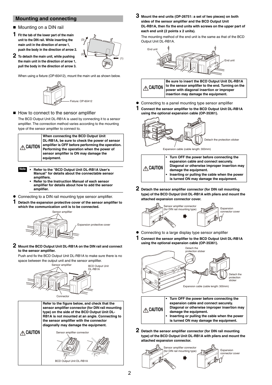 Mounting and connecting, Mounting on a din rail, How to connect to the sensor amplifier | 2mounting and connecting, Caution | KEYENCE DL-RB1A User Manual | Page 2 / 4