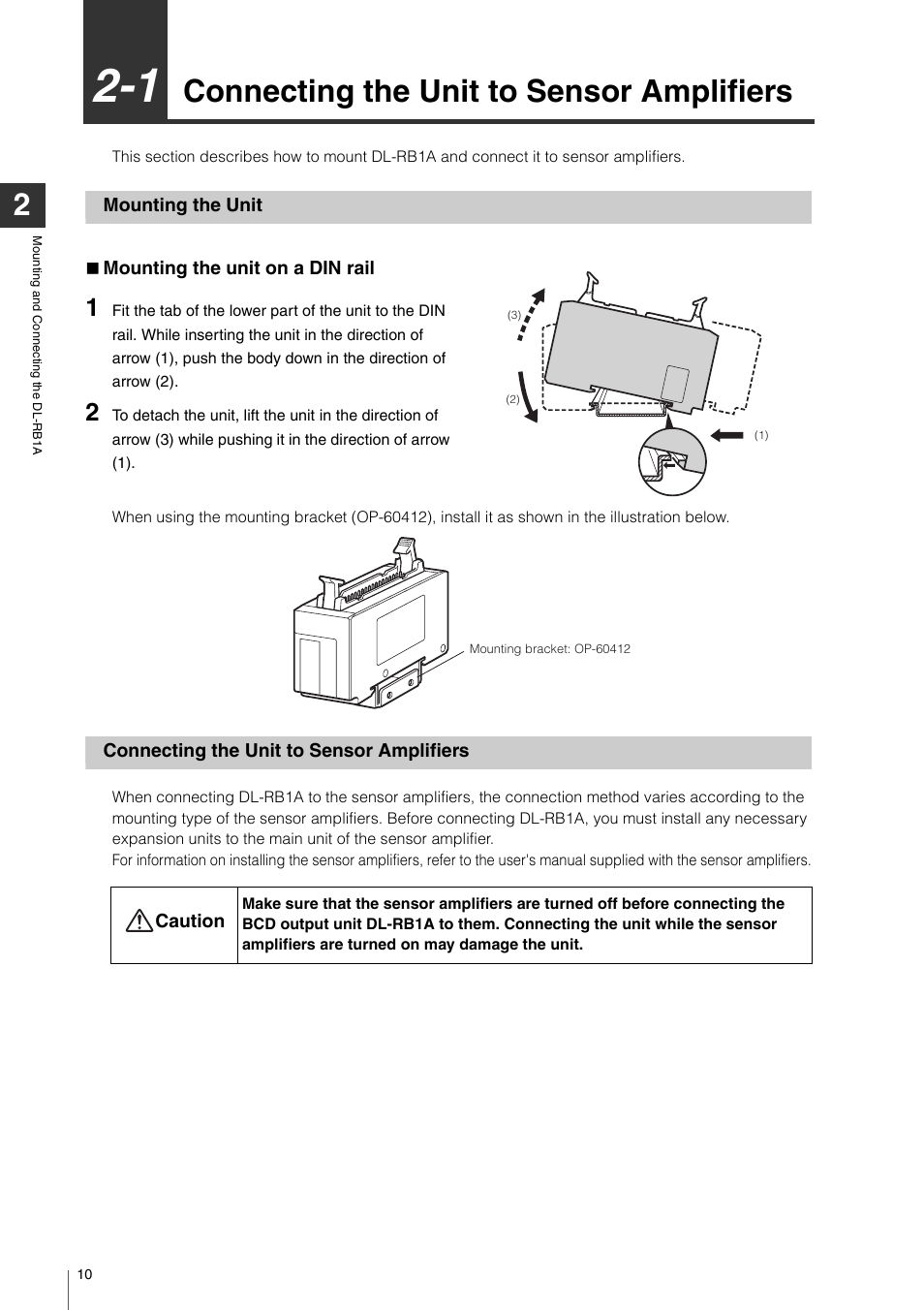 1 connecting the unit to sensor amplifiers, Mounting the unit, Mounting the unit on a din rail | Connecting the unit to sensor amplifiers | KEYENCE DL-RB1A User Manual | Page 12 / 40