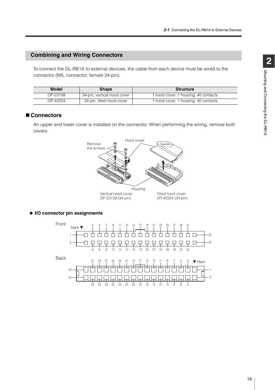 Combining and wiring connectors, Connectors, Combining and wiring connectors connectors | Back front | KEYENCE DL-RB1A User Manual | Page 21 / 40