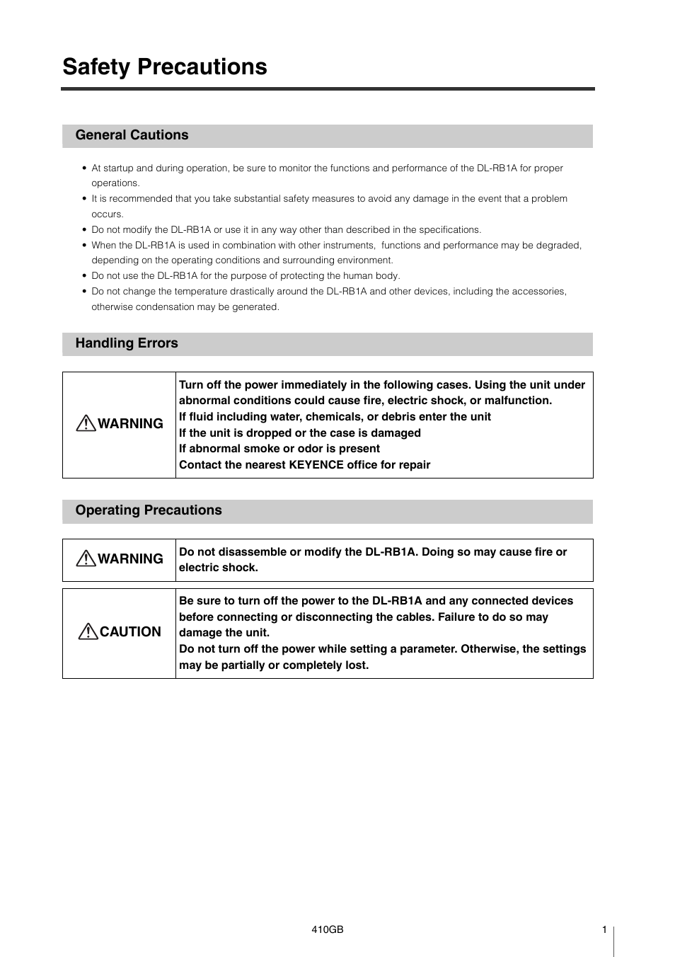 Safety precautions, General cautions, Handling errors | Operating precautions | KEYENCE DL-RB1A User Manual | Page 3 / 40