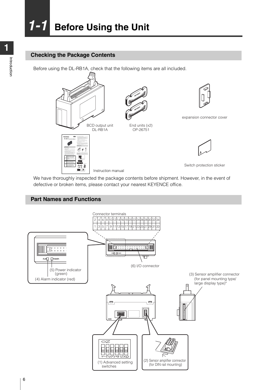 1 before using the unit, Checking the package contents, Part names and functions | Before using the unit | KEYENCE DL-RB1A User Manual | Page 8 / 40