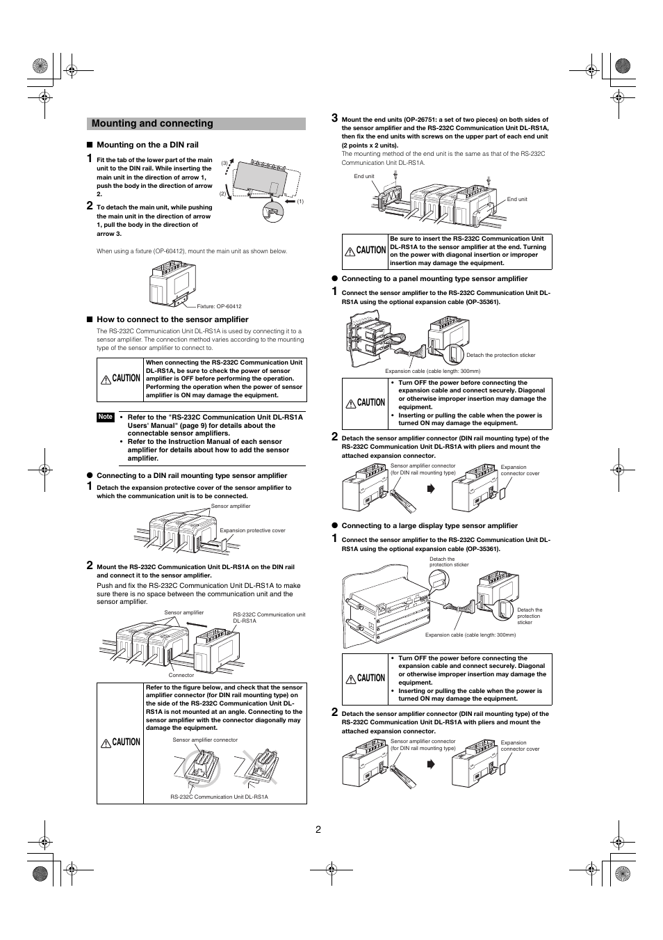 Mounting and connecting, Mounting on the a din rail, How to connect to the sensor amplifier | 2mounting and connecting, Caution | KEYENCE DL-RS1A User Manual | Page 2 / 4