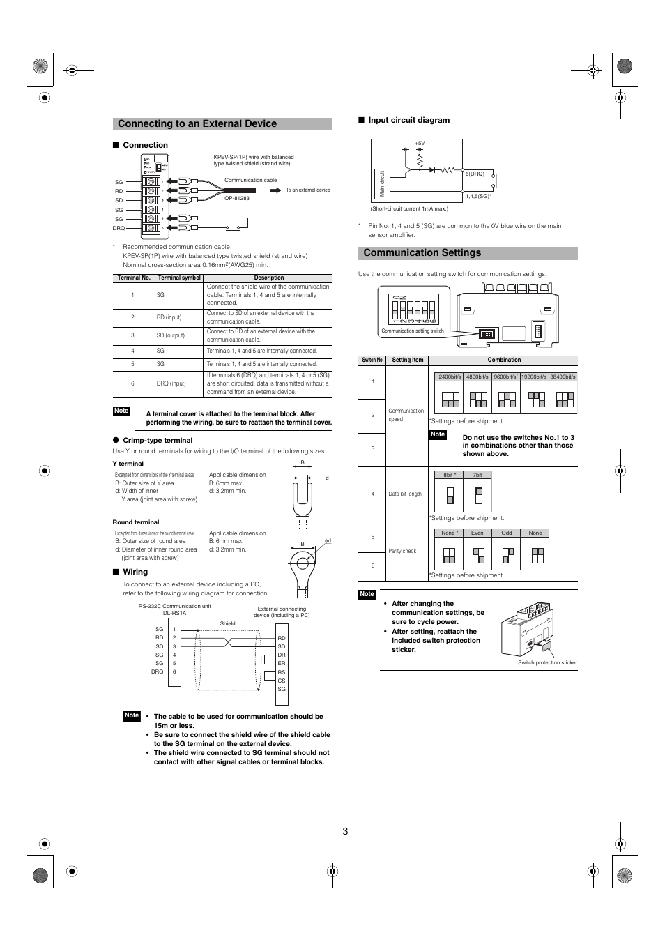 Connecting to an external device, Connection, Wiring | Input circuit diagram, Communication settings, 3connecting to an external device | KEYENCE DL-RS1A User Manual | Page 3 / 4
