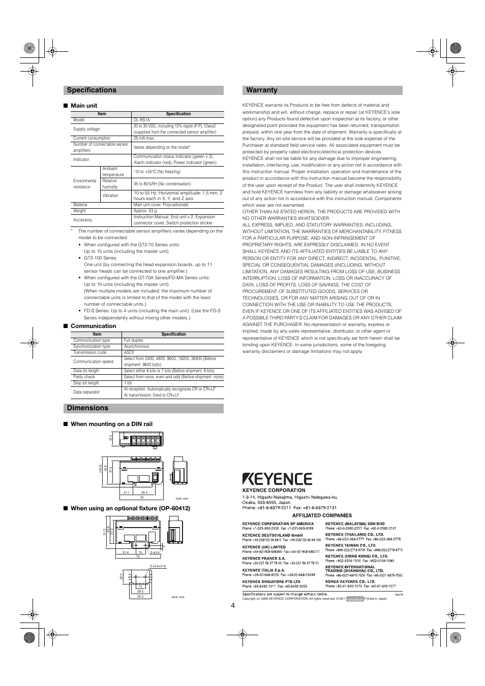 Specifications, Main unit, Communication | Dimensions, When mounting on a din rail, When using an optional fixture (op-60412), Warranty, 4specifications | KEYENCE DL-RS1A User Manual | Page 4 / 4