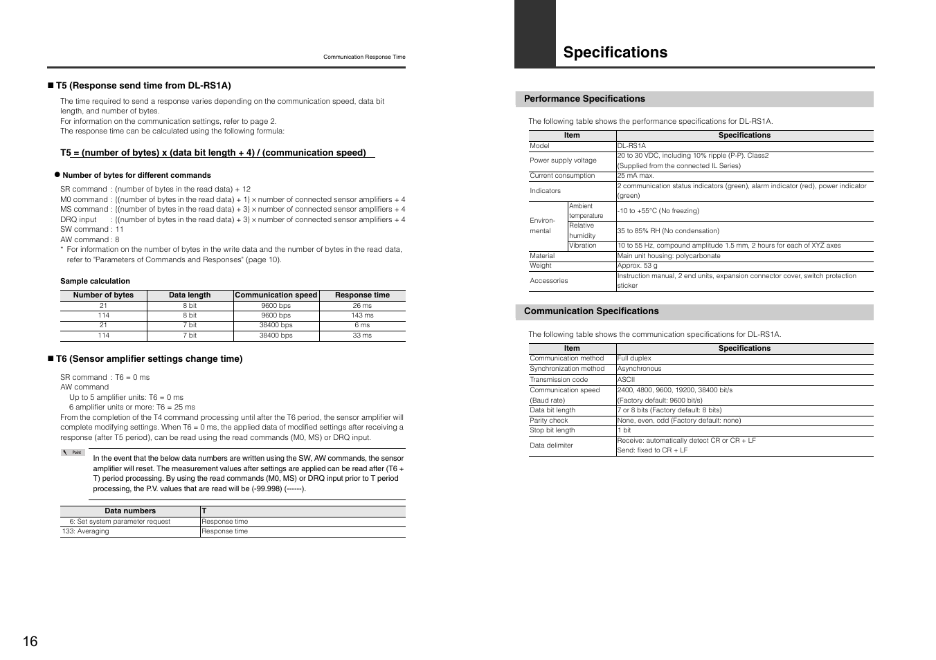 Specifications, Performance specifications, Communication specifications | KEYENCE DL-RS1A User Manual | Page 18 / 22