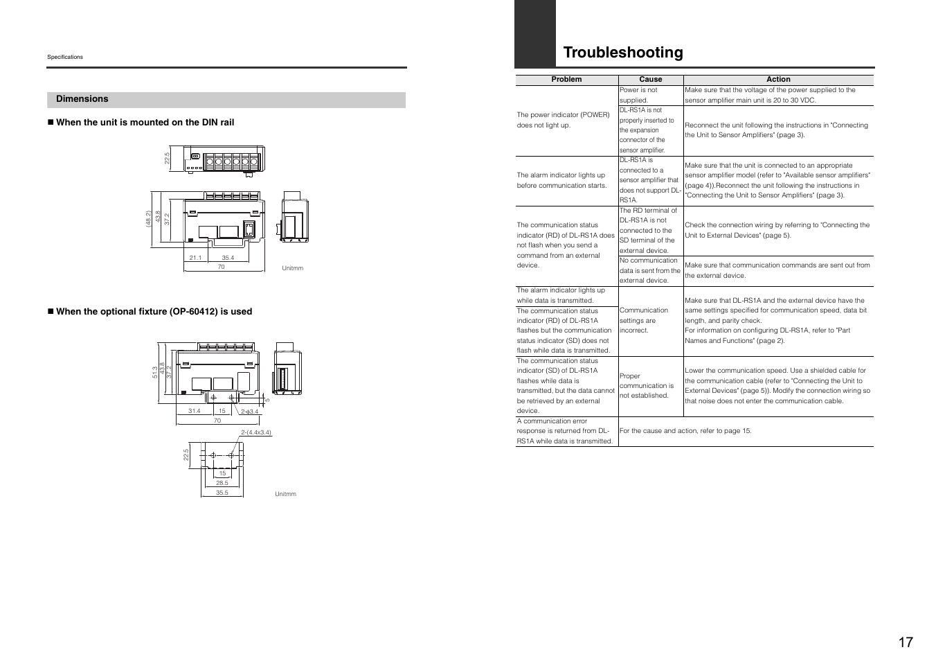 Dimensions, Troubleshooting | KEYENCE DL-RS1A User Manual | Page 19 / 22