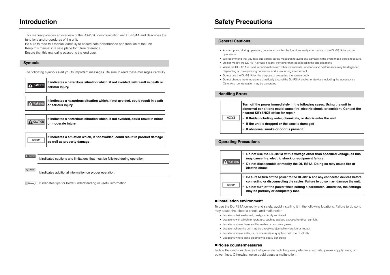 Introduction, Symbols, Safety precautions | General cautions, Handling errors, Operating precautions | KEYENCE DL-RS1A User Manual | Page 2 / 22